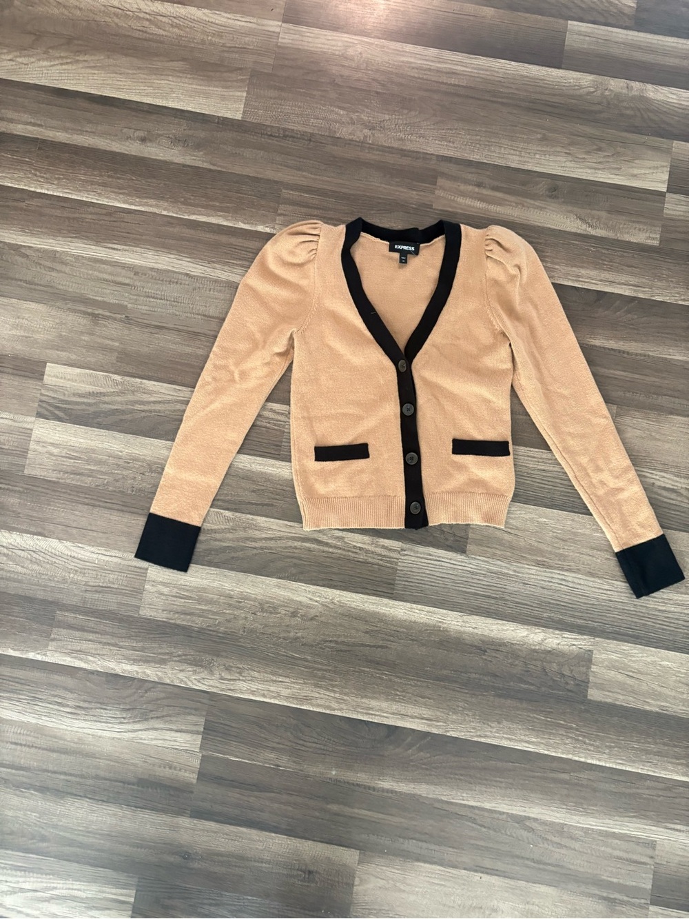 Express Peach Cardigan with Black Trim and Puff Shoulders